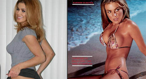 Foto di Carmen Electra prima e dopo l'ingrandimento del seno